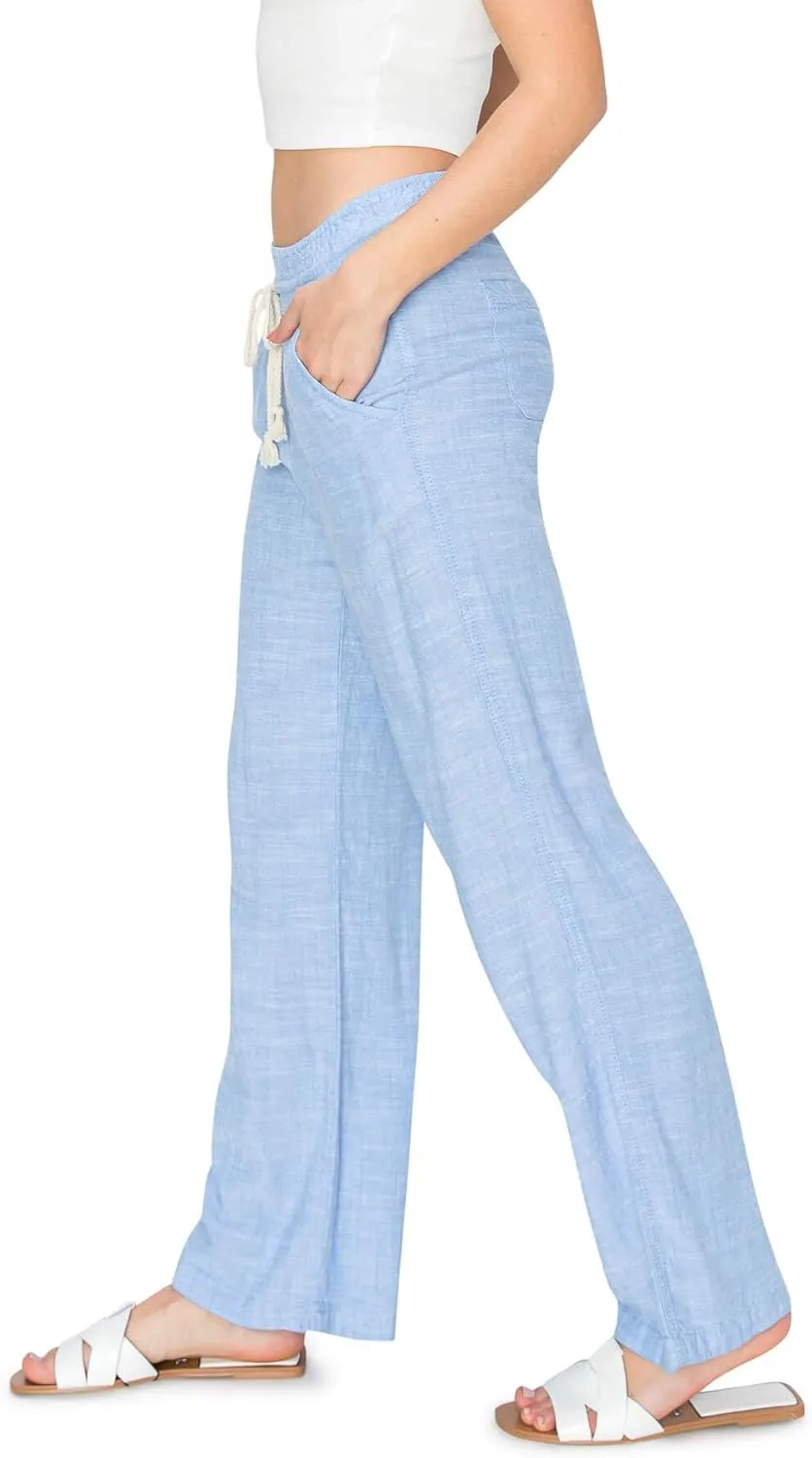 Cali1850 Women's Casual Relaxed Fit 29" Inseam Drawstring High Rise Smocked Linen Pants for Lounge and Beach Wear