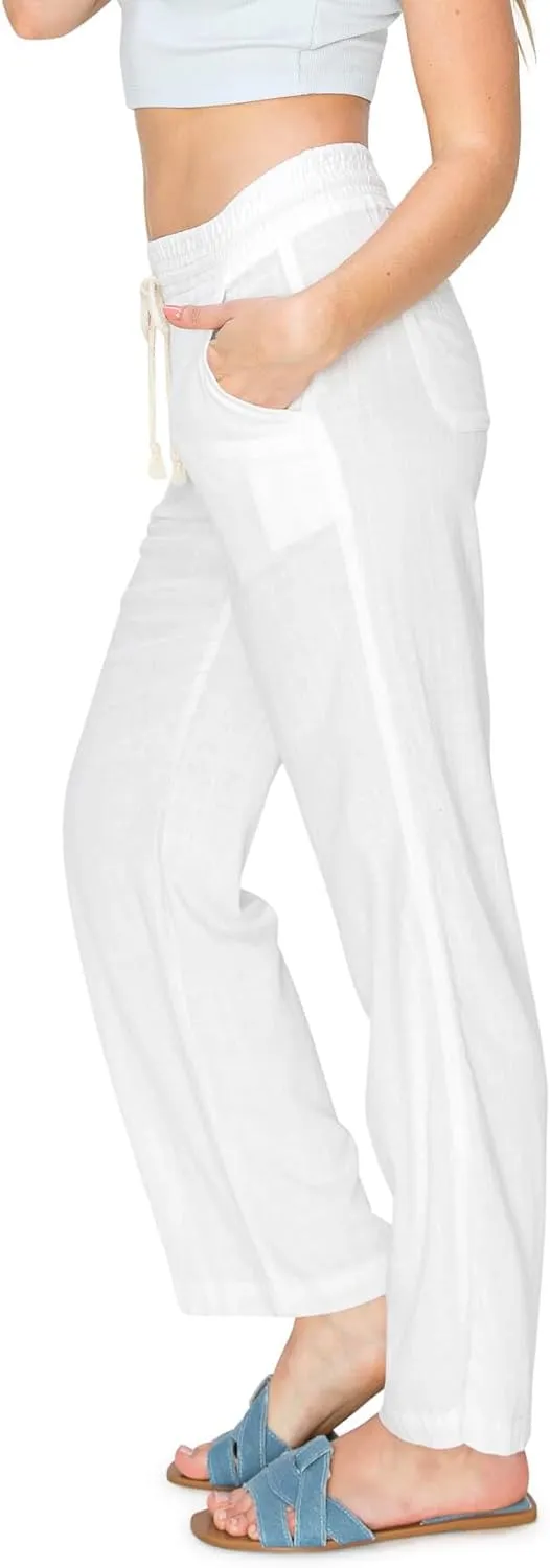Cali1850 Women's Casual Relaxed Fit 29" Inseam Drawstring High Rise Smocked Linen Pants for Lounge and Beach Wear