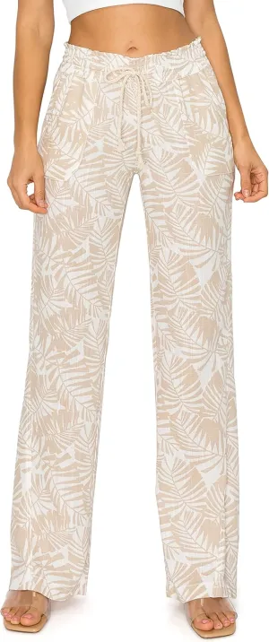 Cali1850 Women's Print Linen Pants - 32" Inseam Oceanside Drawstring Smocked Waist Casual Lounge Beach Trousers with Pockets