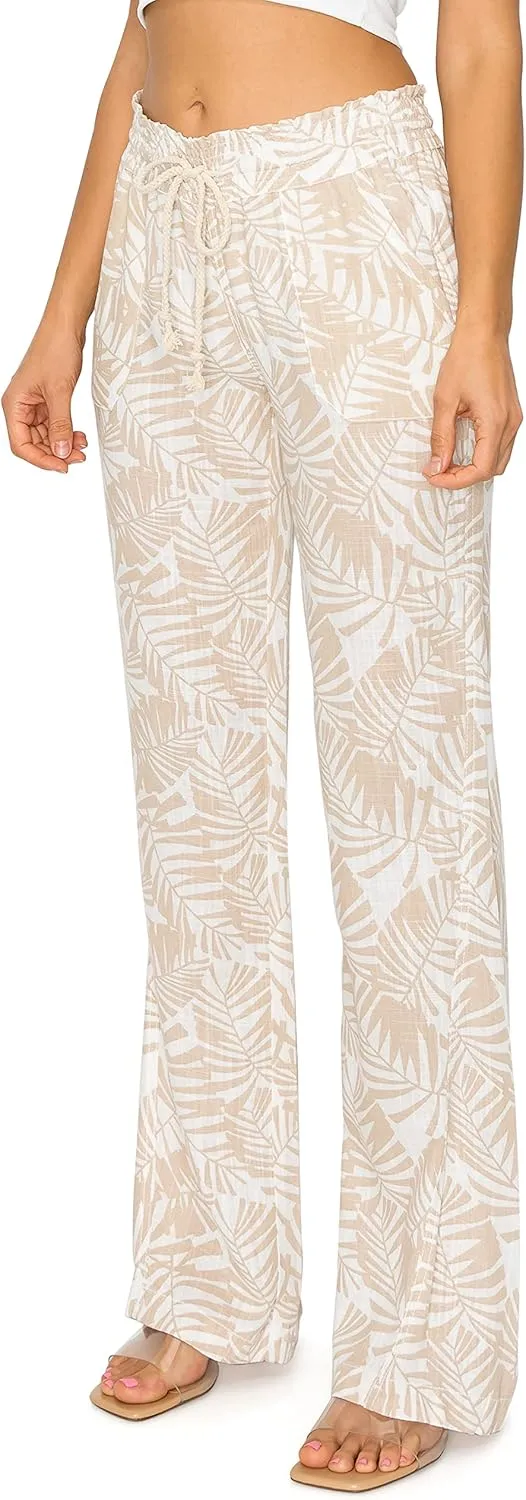 Cali1850 Women's Print Linen Pants - 32" Inseam Oceanside Drawstring Smocked Waist Casual Lounge Beach Trousers with Pockets