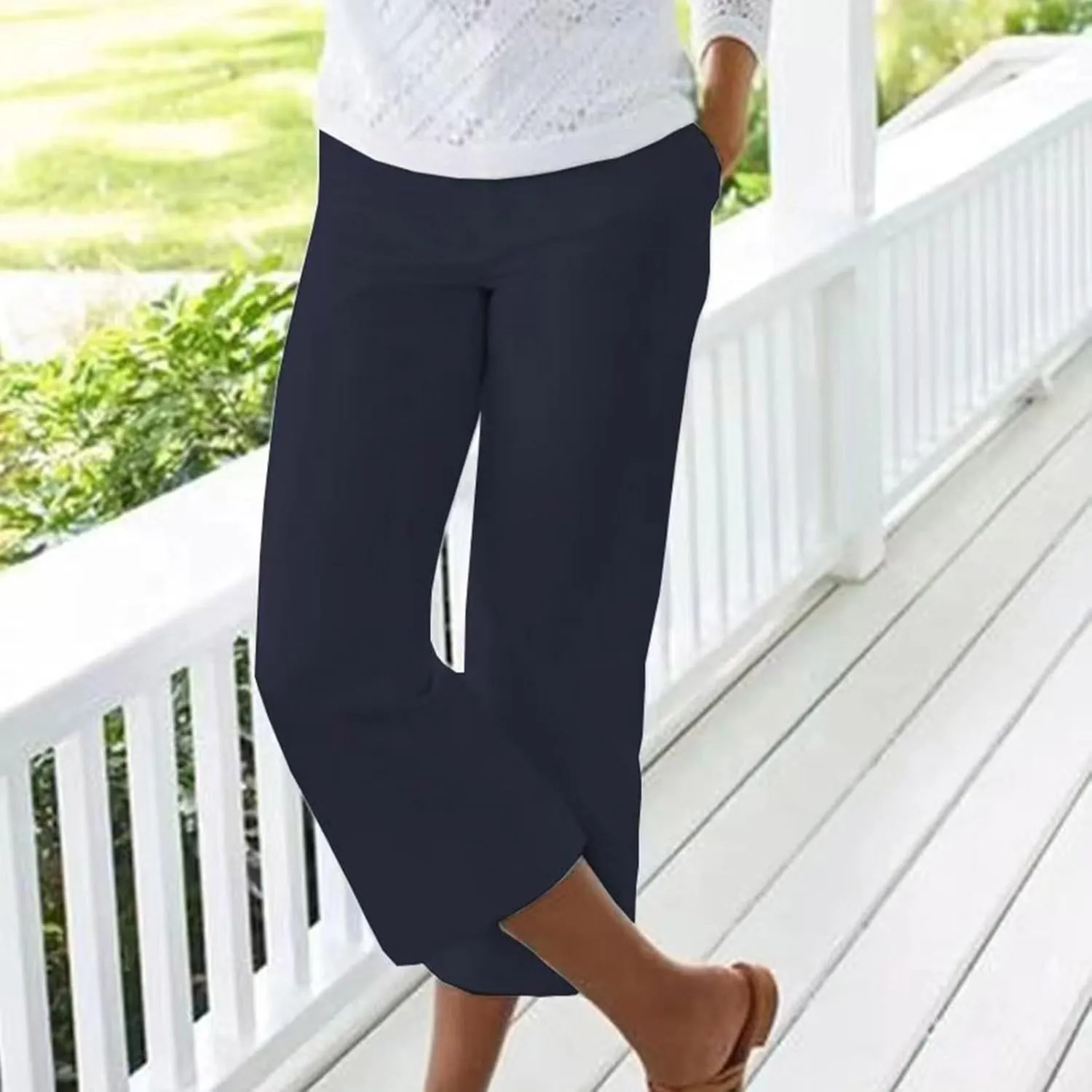 Capri Pants for Women Dressy Casual Stretch Summer 3/4 Length Trousers Wide Leg Cotton Linen Petite Cropped Pants