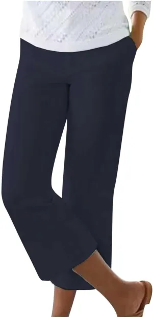 Capri Pants for Women Dressy Casual Stretch Summer 3/4 Length Trousers Wide Leg Cotton Linen Petite Cropped Pants