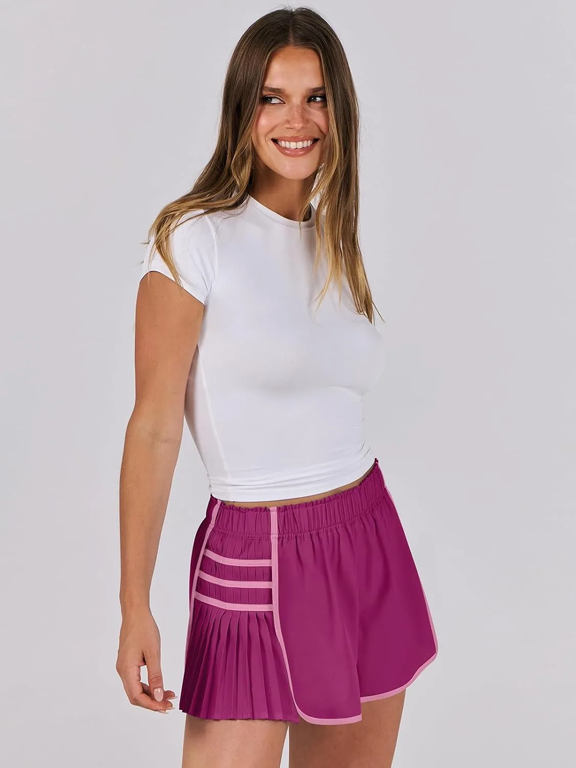 Caracilia Women Running Shorts Flowy Pleated Athletic Shorts Summer High Waisted Tennis Sporty Workout Gym Shorts