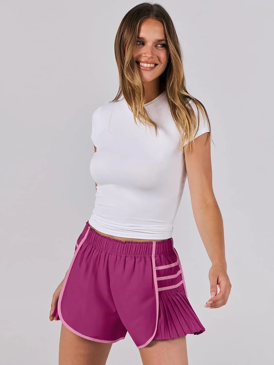 Caracilia Women Running Shorts Flowy Pleated Athletic Shorts Summer High Waisted Tennis Sporty Workout Gym Shorts