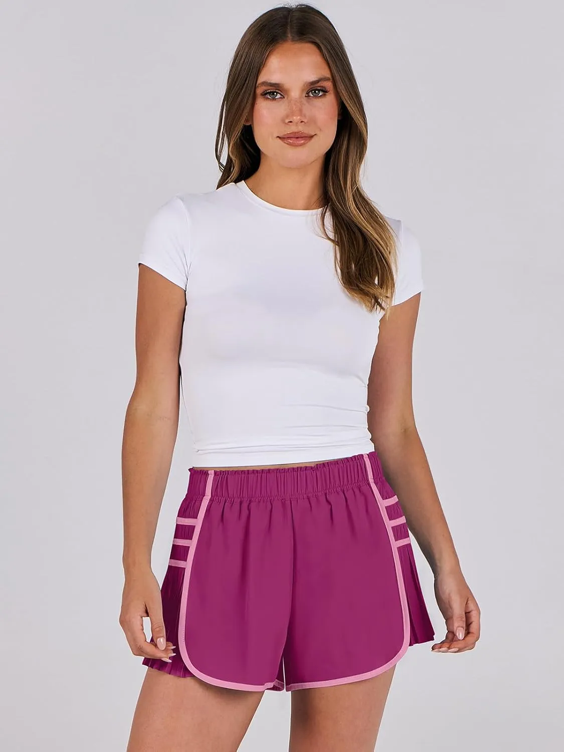 Caracilia Women Running Shorts Flowy Pleated Athletic Shorts Summer High Waisted Tennis Sporty Workout Gym Shorts