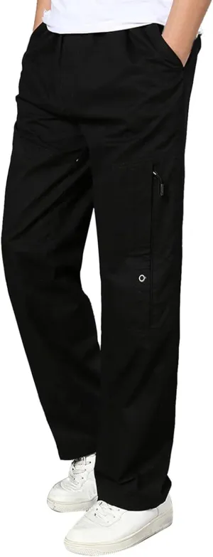 Cargo Pants for Men Relaxed Fit Elastic Waist Trouser Work Wear Combat Fitness Drawstring Pocket Rope Loose Sweatpant