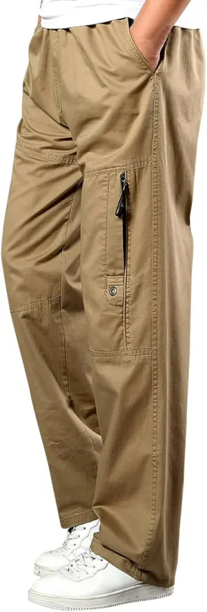 Cargo Pants for Men Relaxed Fit Elastic Waist Trouser Work Wear Combat Fitness Drawstring Pocket Rope Loose Sweatpant