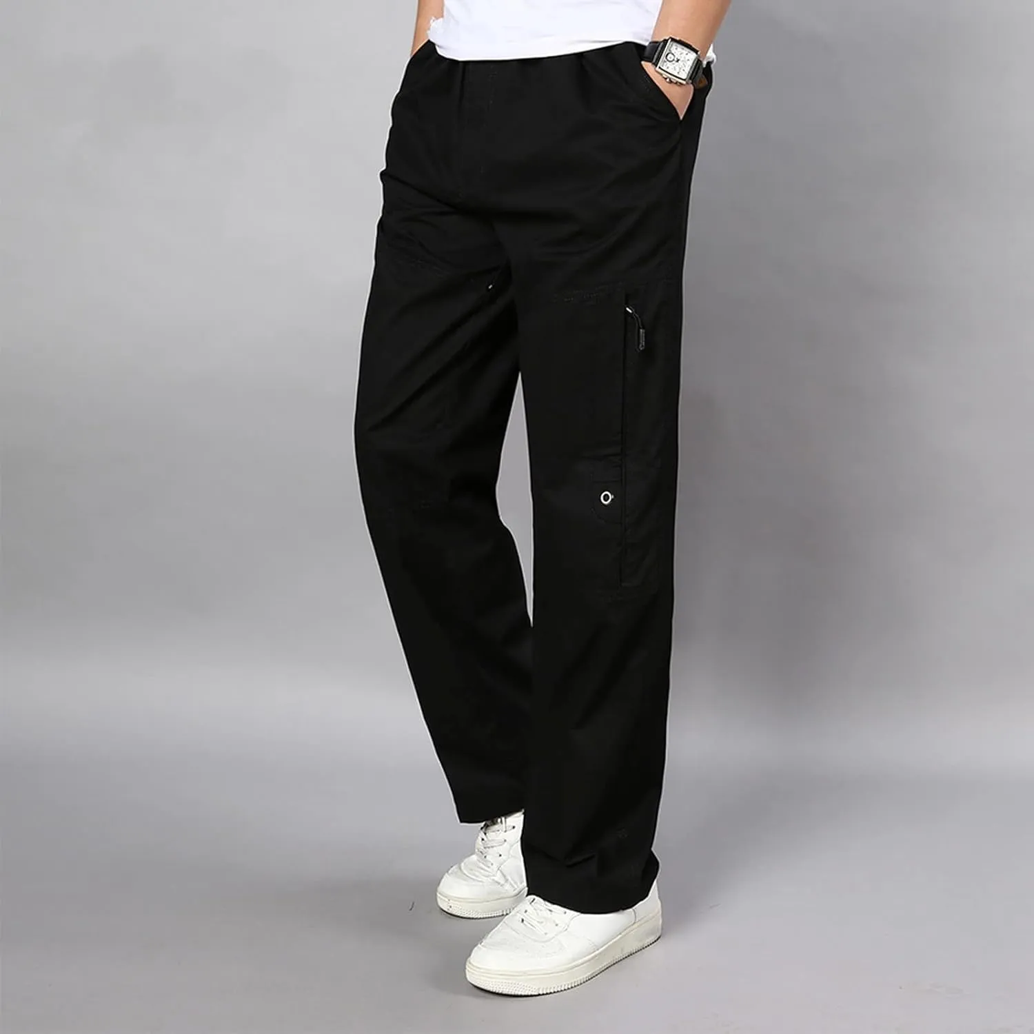 Cargo Pants for Men Relaxed Fit Elastic Waist Trouser Work Wear Combat Fitness Drawstring Pocket Rope Loose Sweatpant
