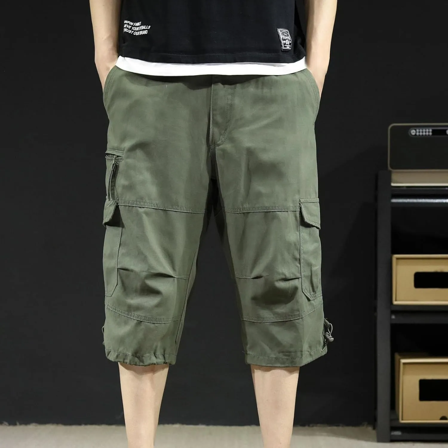 Cargo Shorts 3/4 for Men Relaxed Fit Work Hiking Shorts Cotton Elastic Waist Baggy Pants with Multiple Pockets