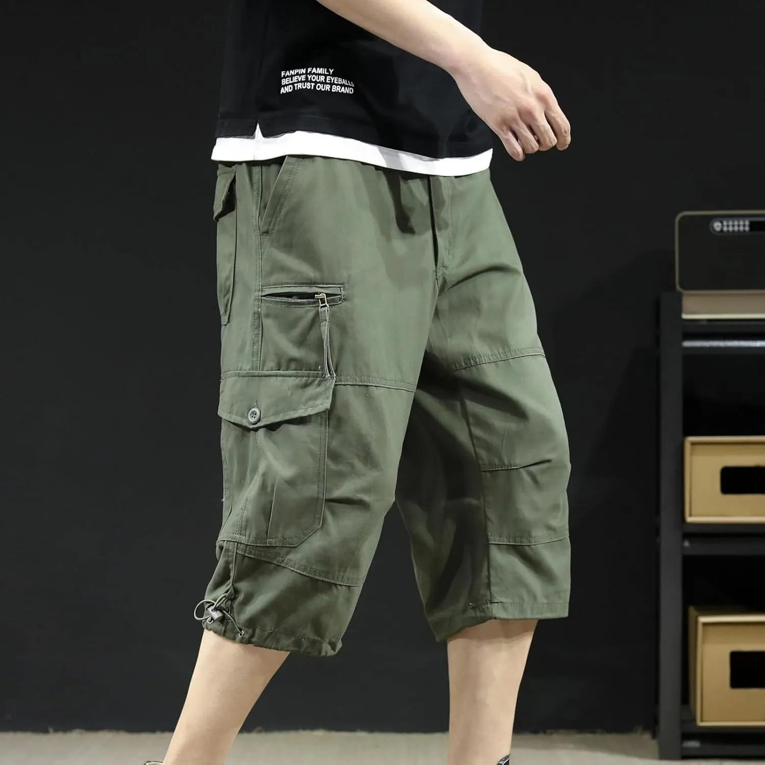 Cargo Shorts 3/4 for Men Relaxed Fit Work Hiking Shorts Cotton Elastic Waist Baggy Pants with Multiple Pockets