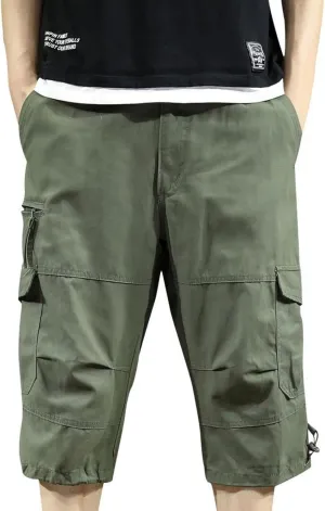 Cargo Shorts 3/4 for Men Relaxed Fit Work Hiking Shorts Cotton Elastic Waist Baggy Pants with Multiple Pockets