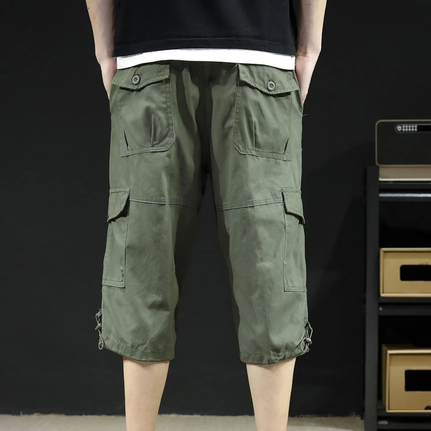 Cargo Shorts 3/4 for Men Relaxed Fit Work Hiking Shorts Cotton Elastic Waist Baggy Pants with Multiple Pockets