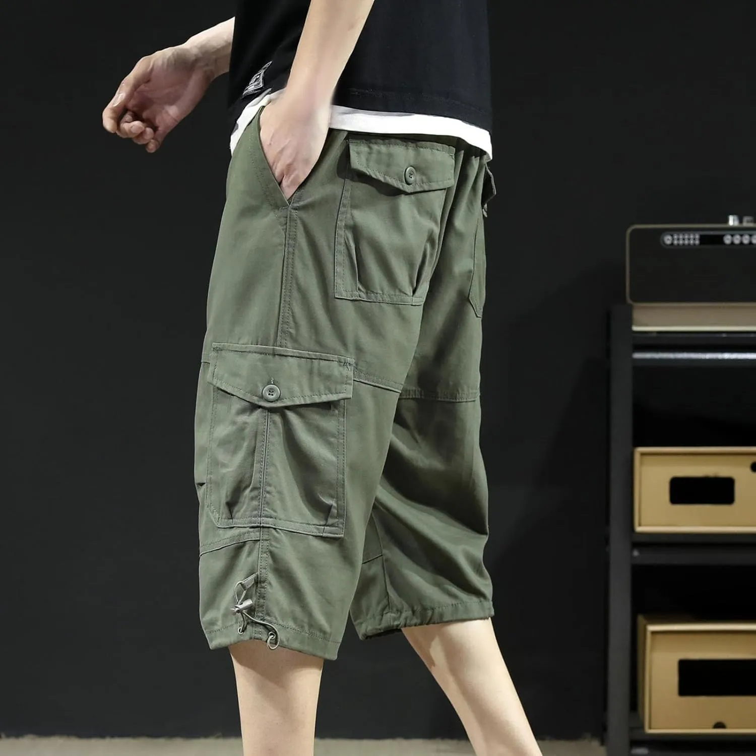 Cargo Shorts 3/4 for Men Relaxed Fit Work Hiking Shorts Cotton Elastic Waist Baggy Pants with Multiple Pockets