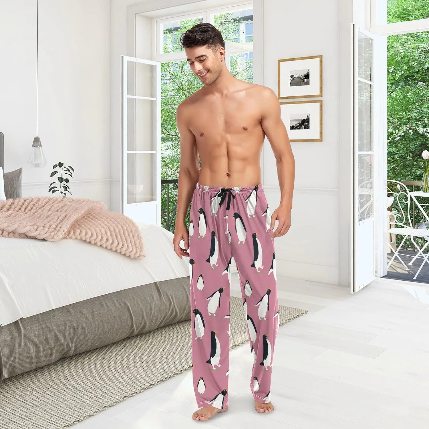 Cartoon Penguin On Pink Men's Pajama Pants Sleepwear Lounge Pajama Bottoms