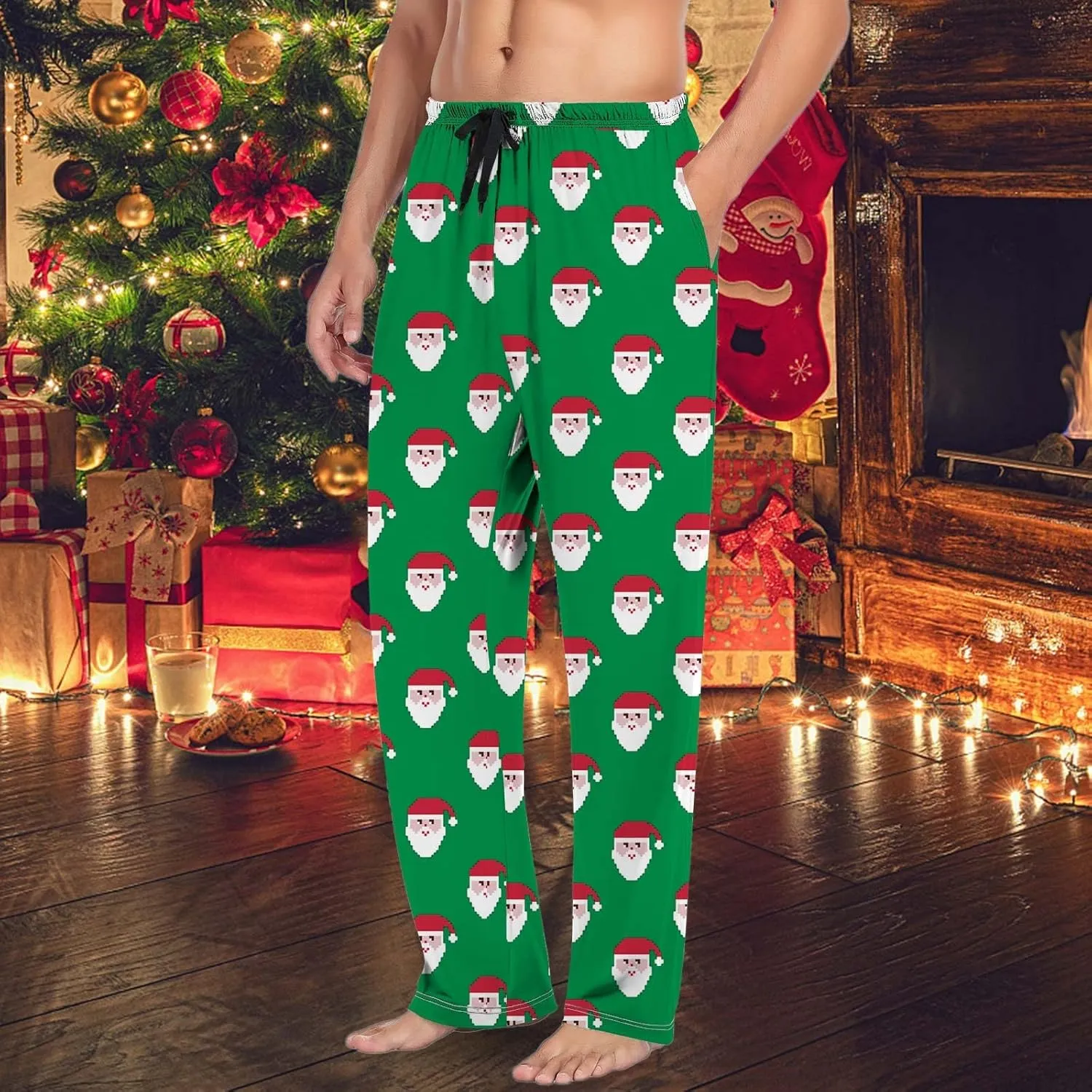 Christmas Pajamas for Men Long Pants Funny Tree Snowflake Print Pajama Bottoms Drawstring Elastic Lightweight Soft Sleepwear