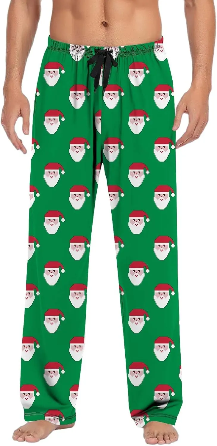 Christmas Pajamas for Men Long Pants Funny Tree Snowflake Print Pajama Bottoms Drawstring Elastic Lightweight Soft Sleepwear
