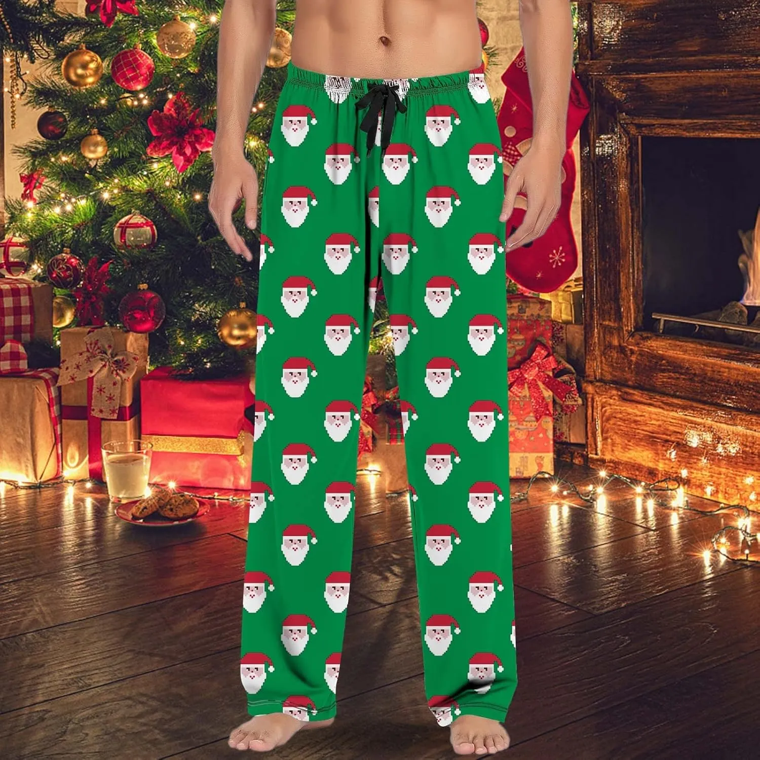 Christmas Pajamas for Men Long Pants Funny Tree Snowflake Print Pajama Bottoms Drawstring Elastic Lightweight Soft Sleepwear