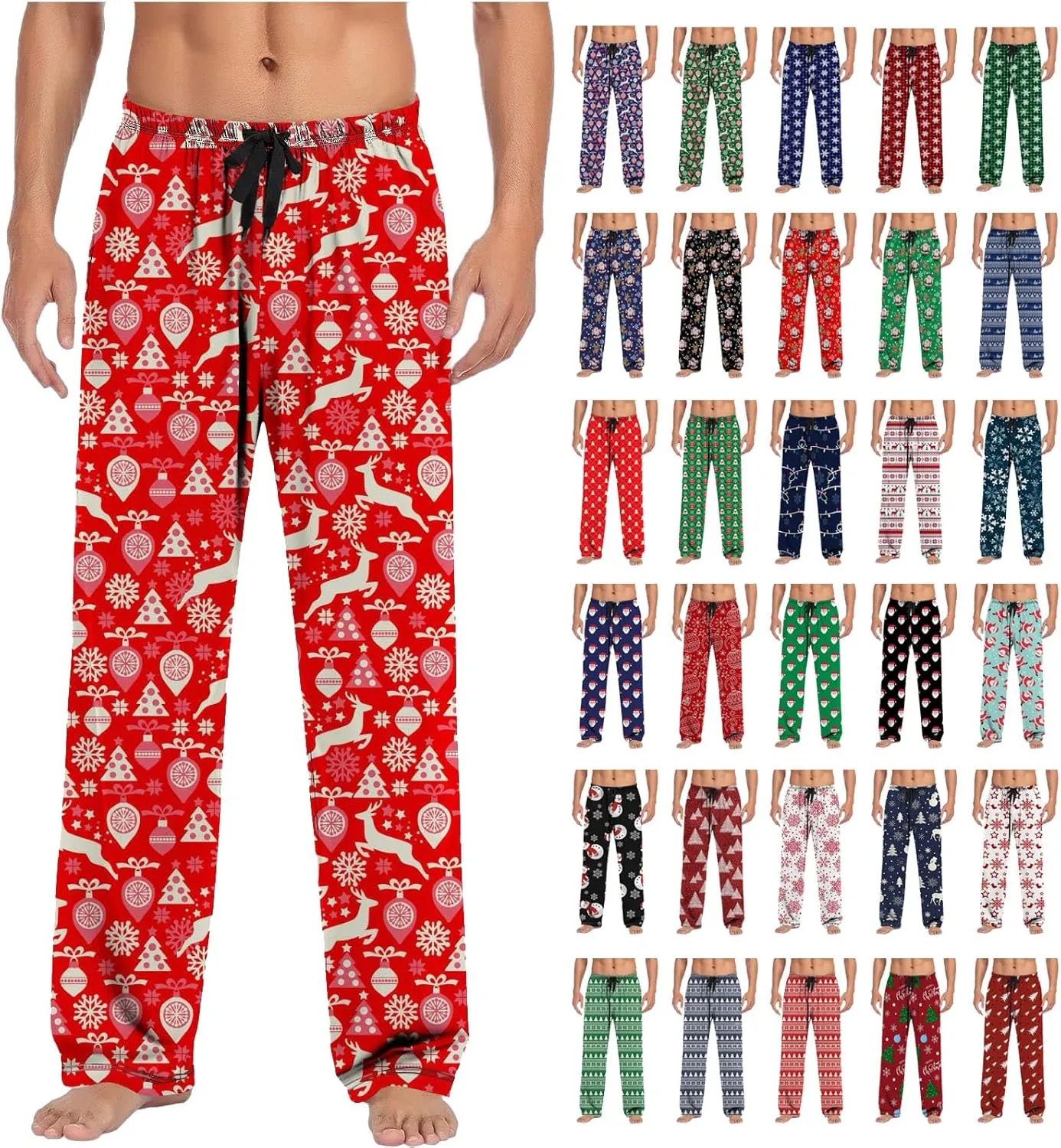 Christmas Pajamas for Men Long Pants Funny Tree Snowflake Print Pajama Bottoms Drawstring Elastic Lightweight Soft Sleepwear