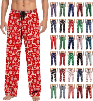 Christmas Pajamas for Men Long Pants Funny Tree Snowflake Print Pajama Bottoms Drawstring Elastic Lightweight Soft Sleepwear