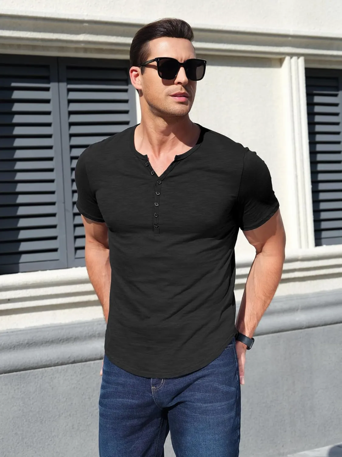 Comdecevis Men's Henley Shirts Short Sleeve Muscle Fit Shirts Vintage Casual Button V Neck T-Shirts for Men