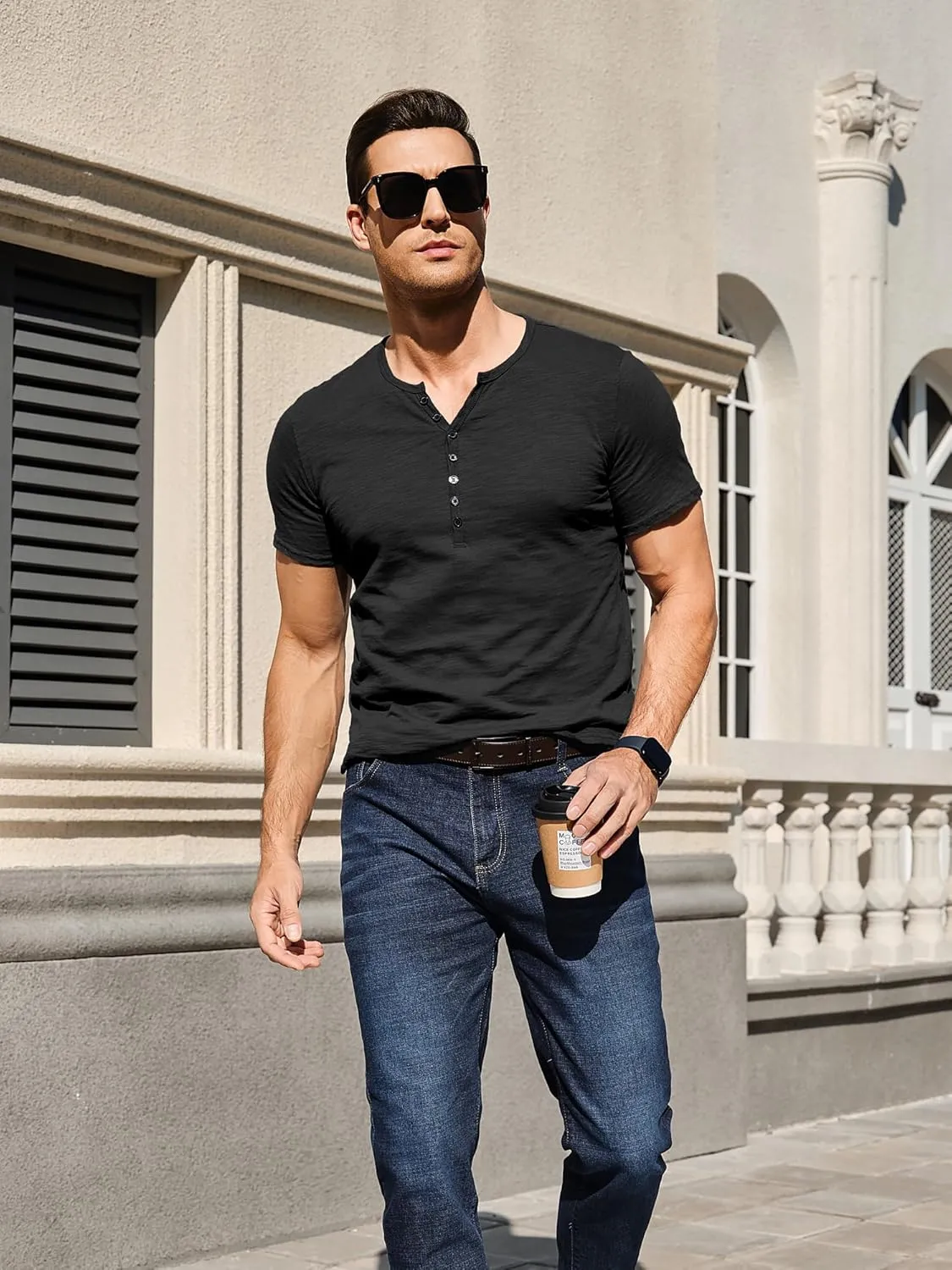Comdecevis Men's Henley Shirts Short Sleeve Muscle Fit Shirts Vintage Casual Button V Neck T-Shirts for Men