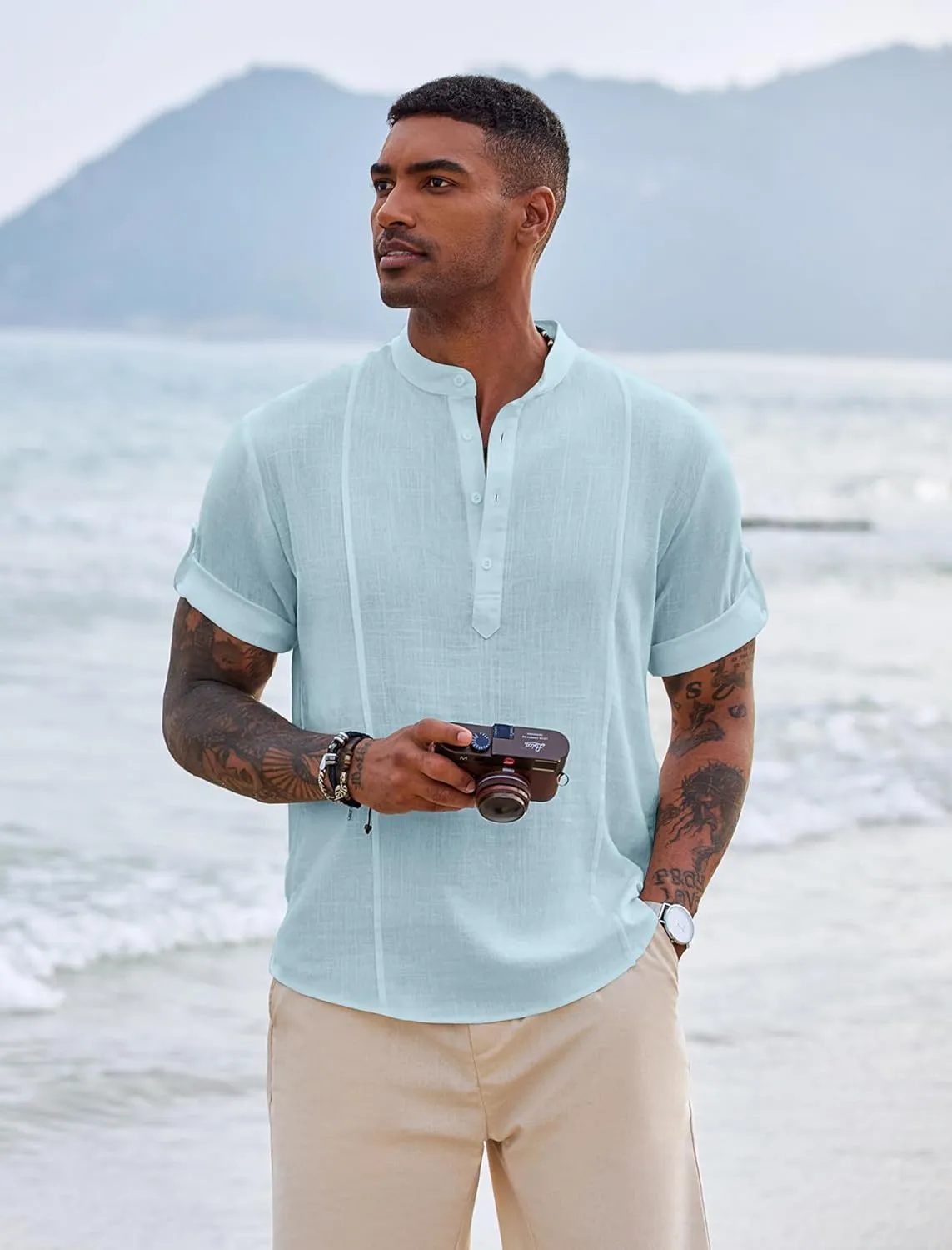 COOFANDY Men's Henley T-Shirts Short Sleeve Casual Button Henley Shirts Band Collar Tee Summer Beach Hippie Shirts