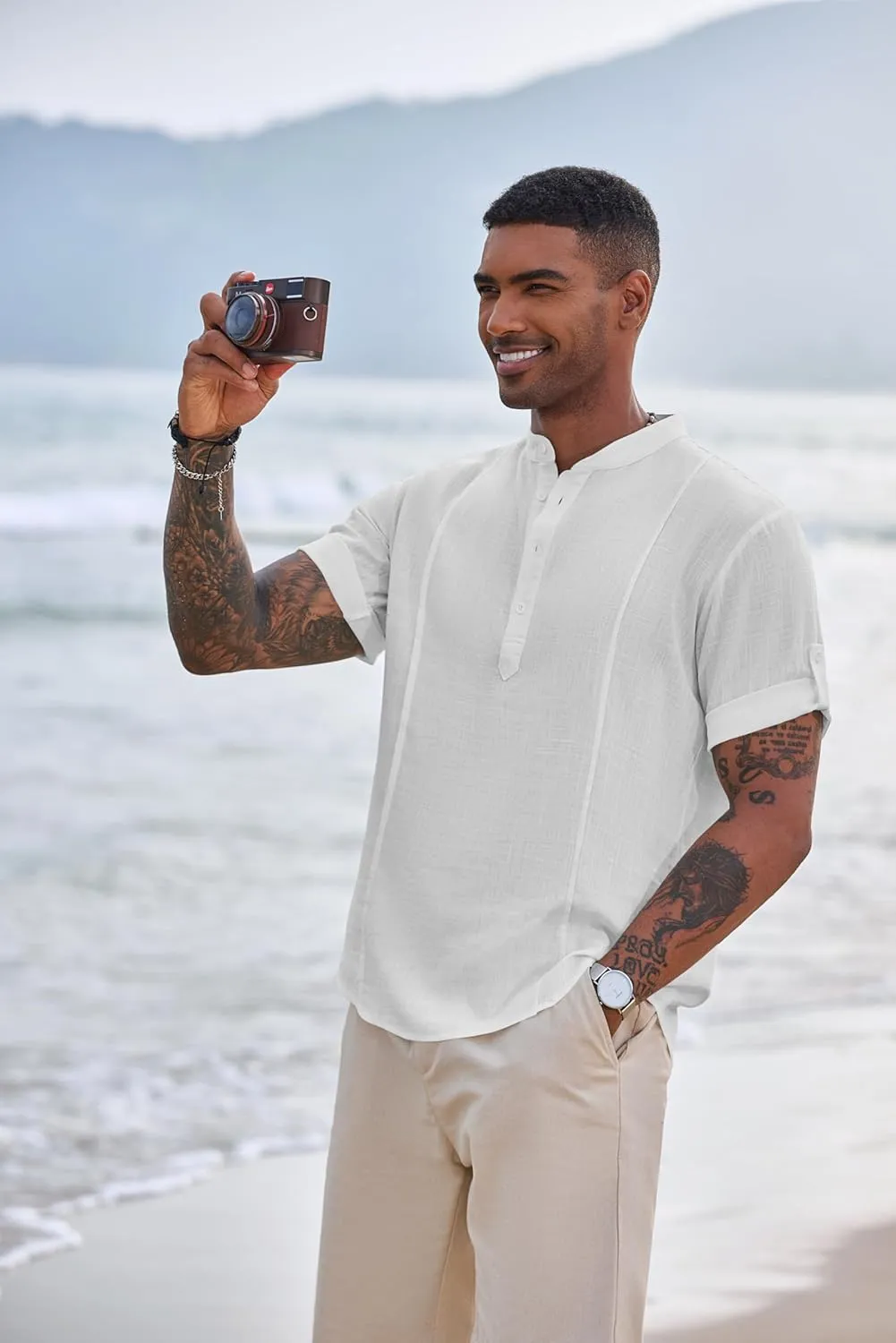 COOFANDY Men's Henley T-Shirts Short Sleeve Casual Button Henley Shirts Band Collar Tee Summer Beach Hippie Shirts