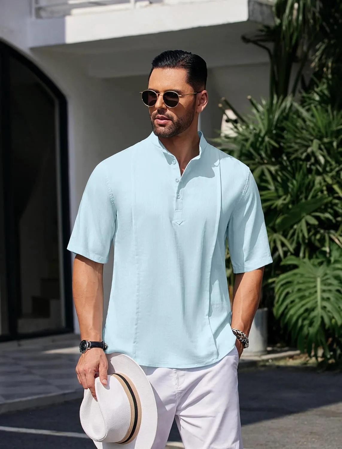 COOFANDY Men's Henley T-Shirts Short Sleeve Casual Button Henley Shirts Band Collar Tee Summer Beach Hippie Shirts