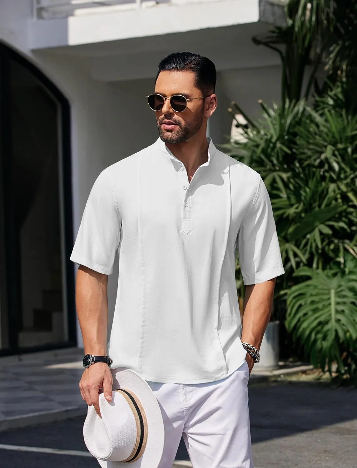 COOFANDY Men's Henley T-Shirts Short Sleeve Casual Button Henley Shirts Band Collar Tee Summer Beach Hippie Shirts