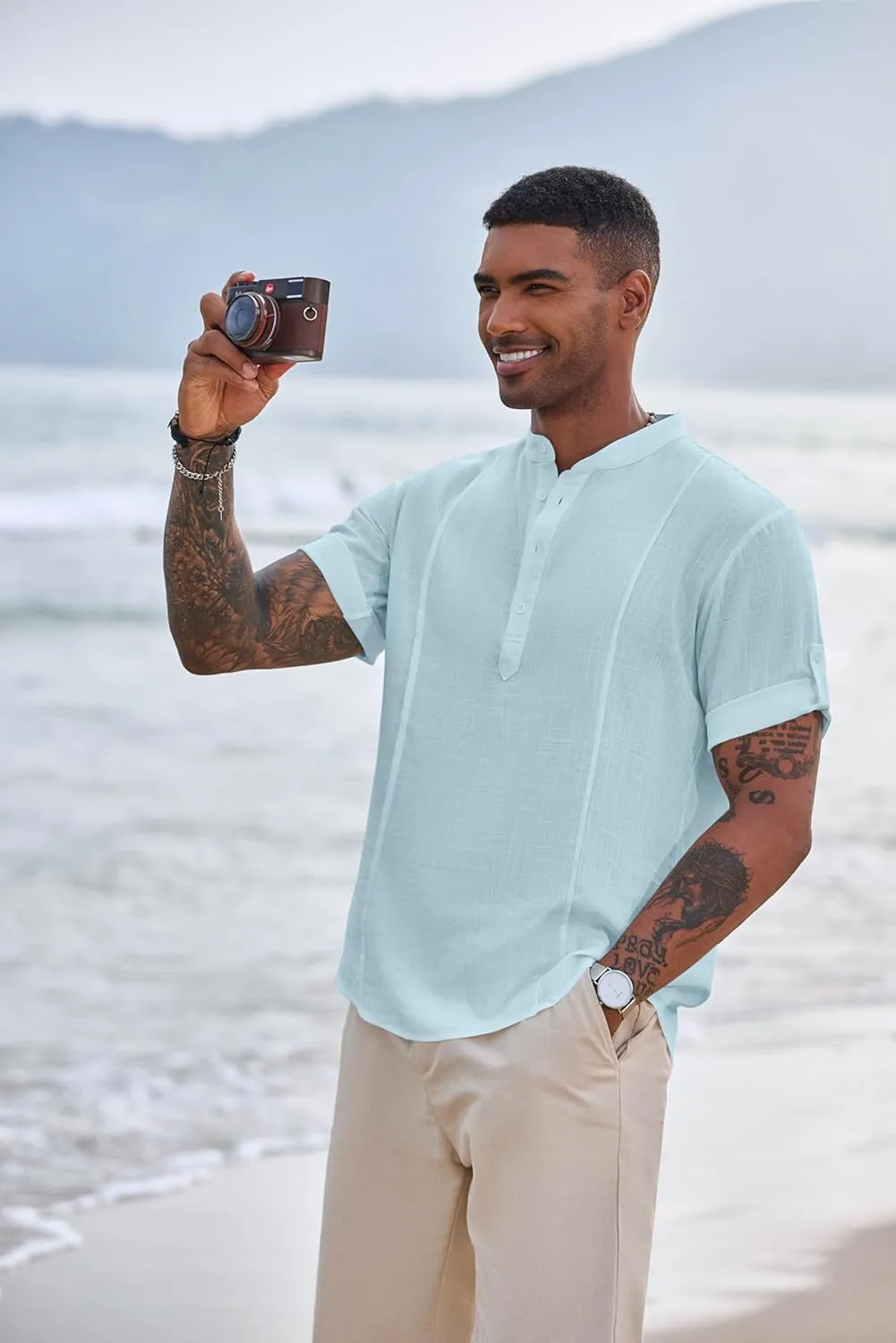 COOFANDY Men's Henley T-Shirts Short Sleeve Casual Button Henley Shirts Band Collar Tee Summer Beach Hippie Shirts