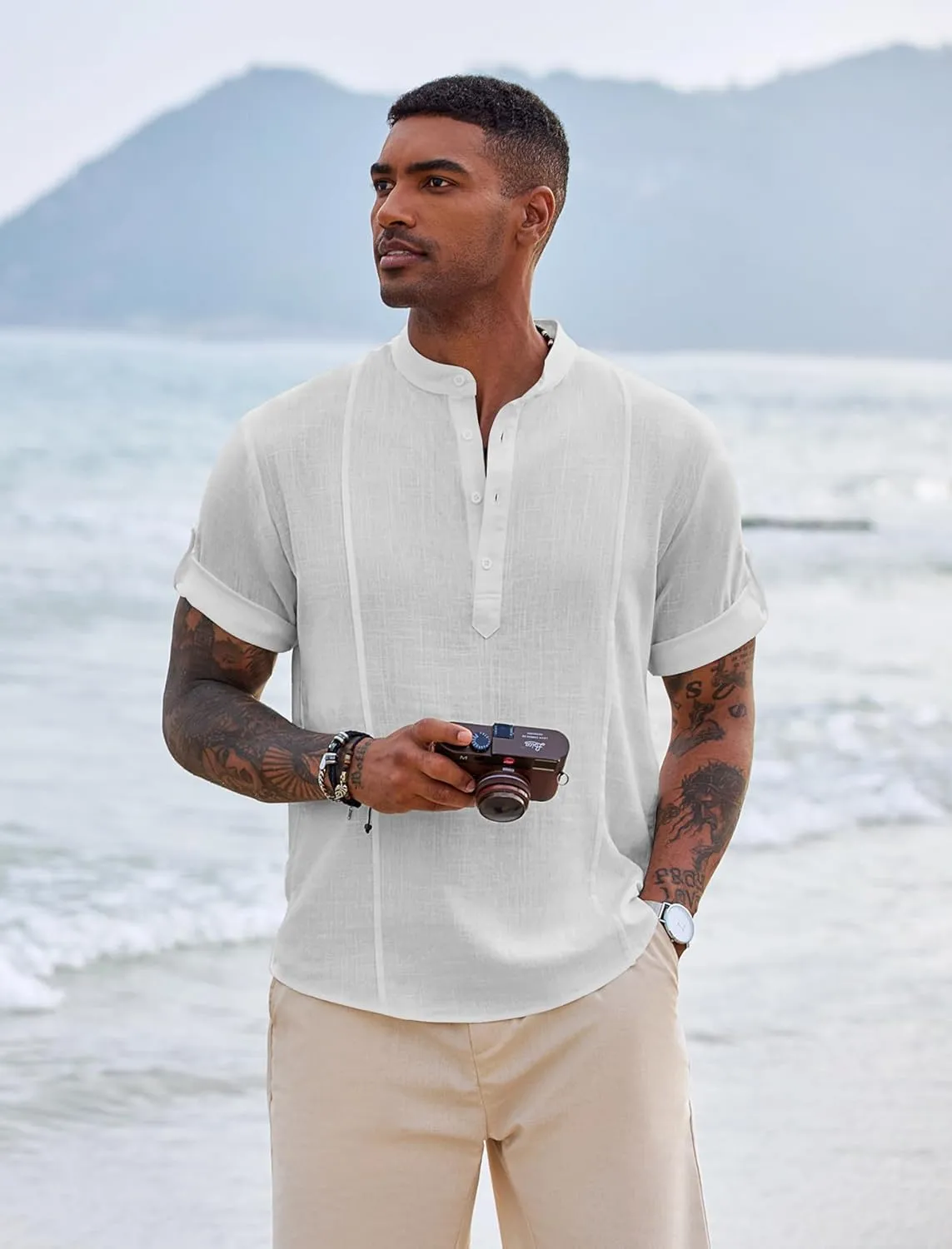 COOFANDY Men's Henley T-Shirts Short Sleeve Casual Button Henley Shirts Band Collar Tee Summer Beach Hippie Shirts