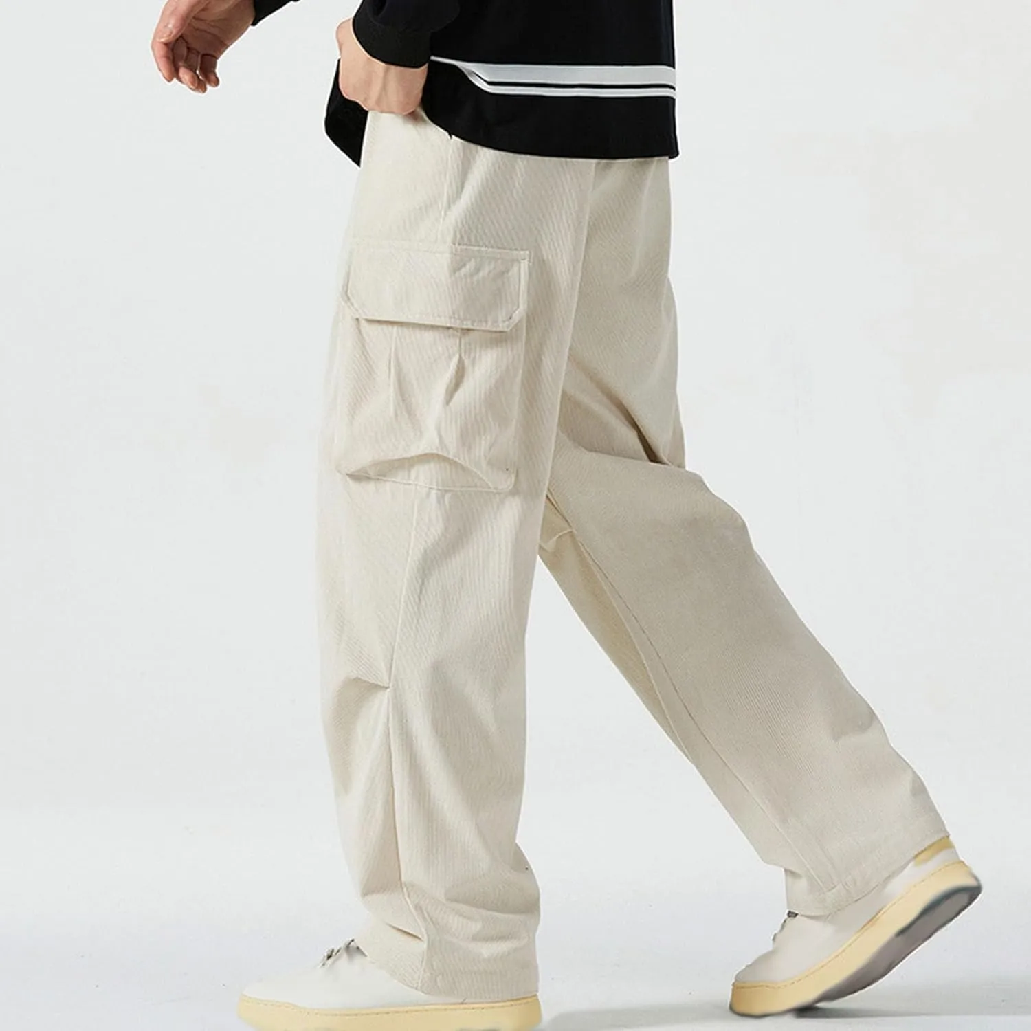Corduroy Pants Men Straight Leg Trousers Baggy Elastic Waist Solid Casual Pant Lightweight Sweatpants Wide Leg Pants