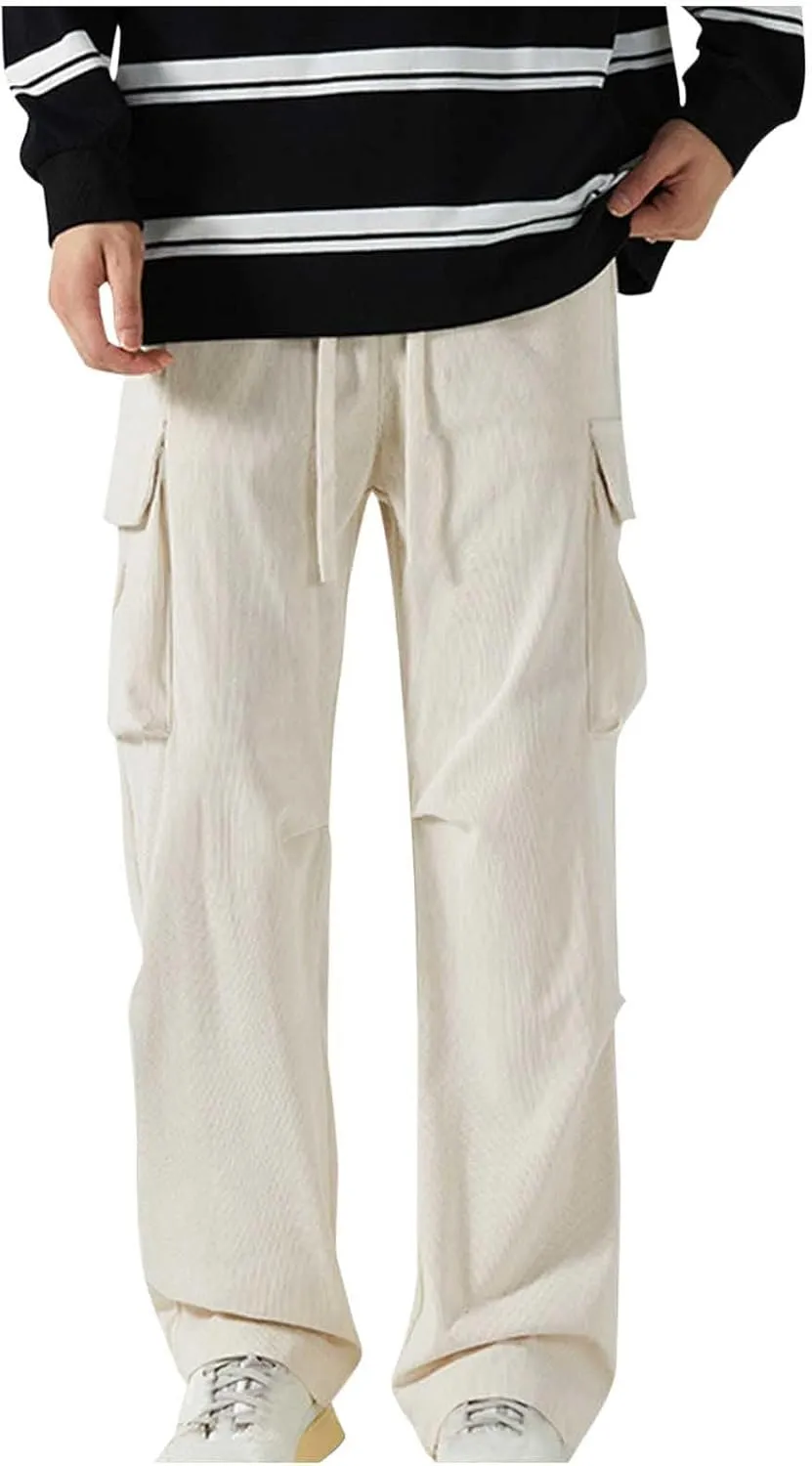Corduroy Pants Men Straight Leg Trousers Baggy Elastic Waist Solid Casual Pant Lightweight Sweatpants Wide Leg Pants