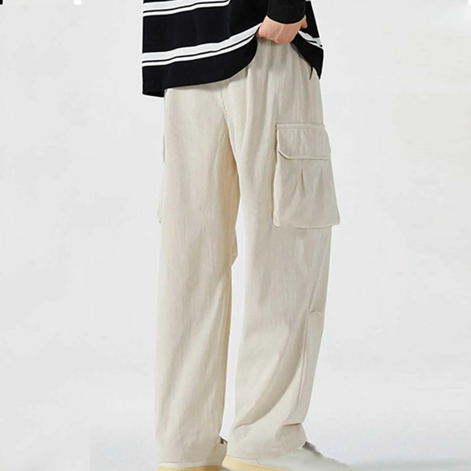 Corduroy Pants Men Straight Leg Trousers Baggy Elastic Waist Solid Casual Pant Lightweight Sweatpants Wide Leg Pants