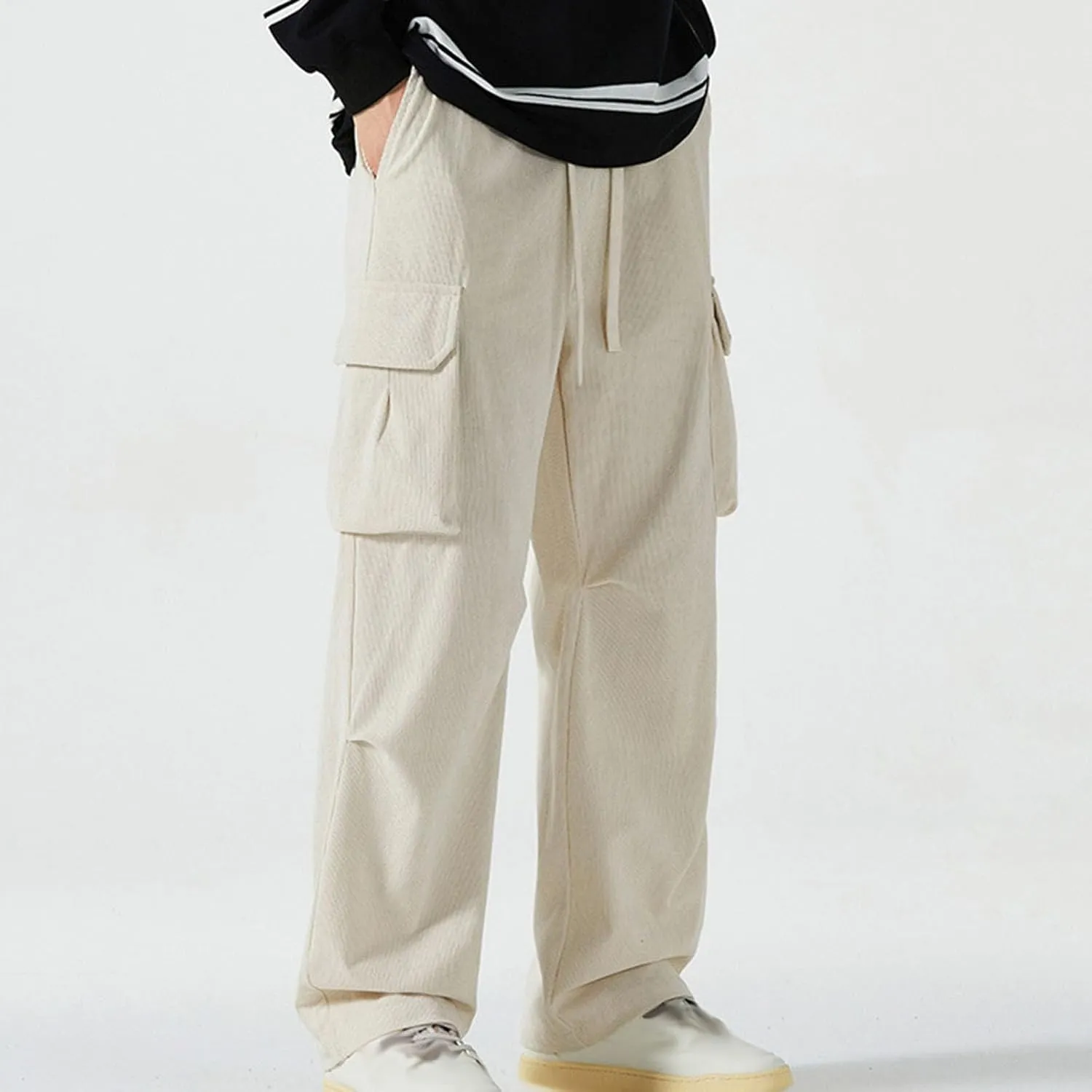 Corduroy Pants Men Straight Leg Trousers Baggy Elastic Waist Solid Casual Pant Lightweight Sweatpants Wide Leg Pants
