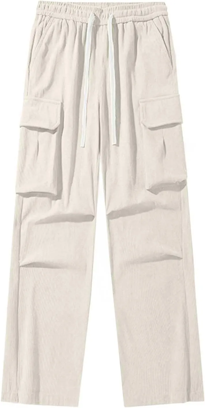 Corduroy Pants Men Straight Leg Trousers Baggy Elastic Waist Solid Casual Pant Lightweight Sweatpants Wide Leg Pants