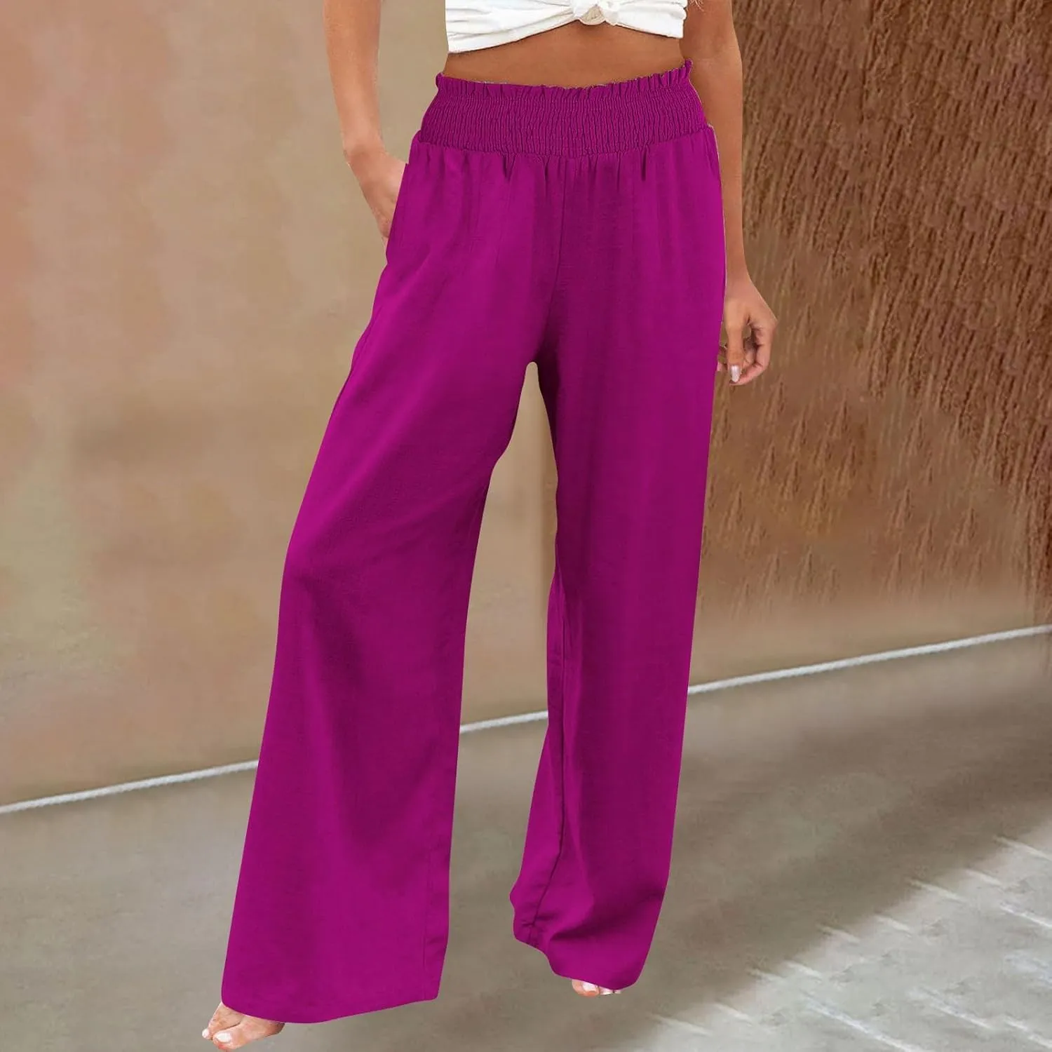 Cotton Linen Pants for Women 2025 Summer Casual Loose Wide Leg Palazzo Pants Smocked High Waist Beach Trousers Outfits