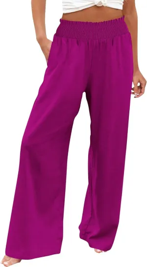 Cotton Linen Pants for Women 2025 Summer Casual Loose Wide Leg Palazzo Pants Smocked High Waist Beach Trousers Outfits