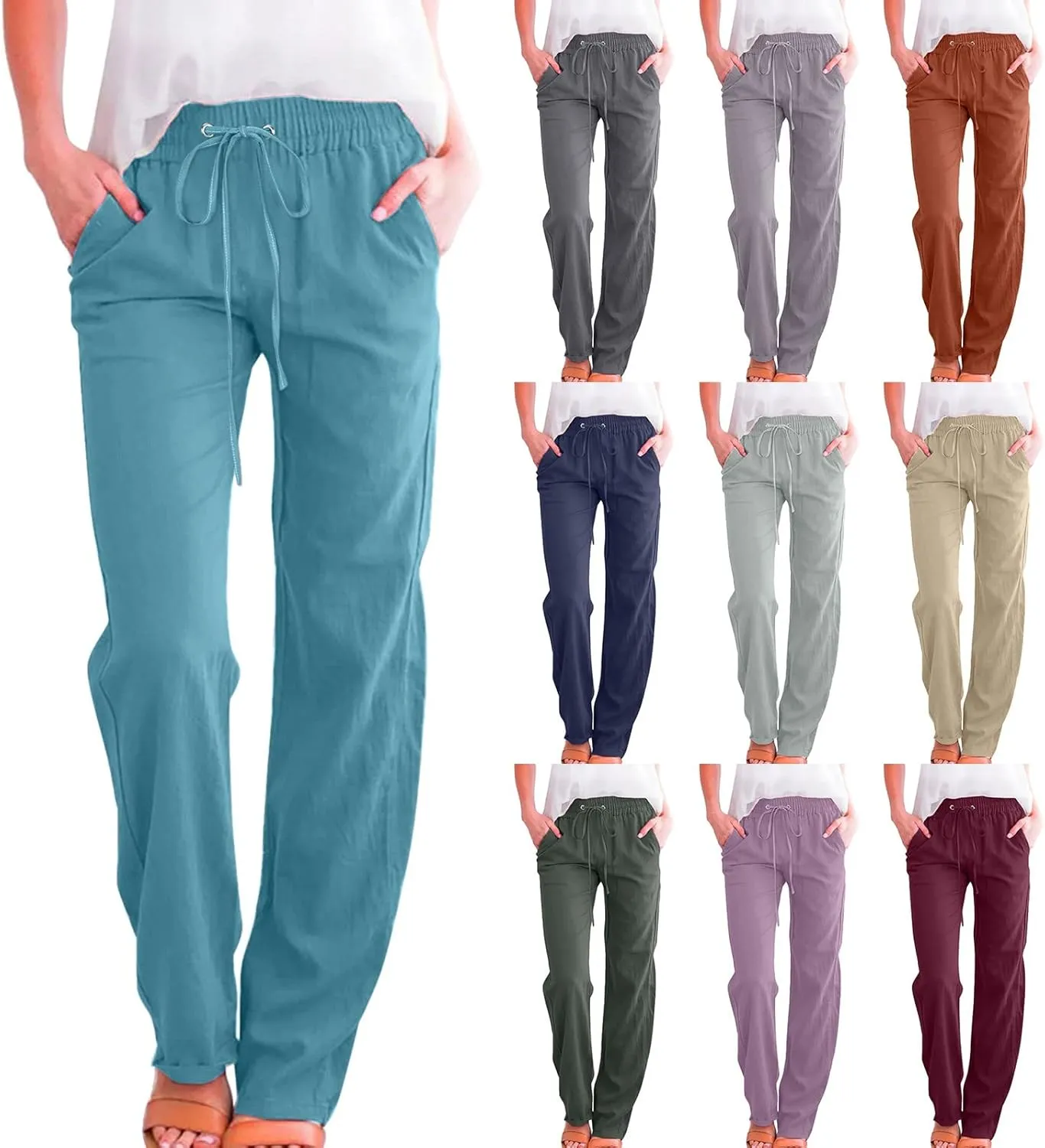 Cotton Linen Pants for Women Plus Size Straight Leg Sweatpants Summer Cropped Elastic Waist Trousers with Pockets