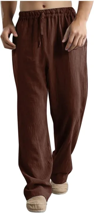 Cotton Linen Pants Men Summer Beach Pants Loose Fit Elastic Waist Casual Cargo Pants Hiking Pants Workout Joggers Mens Pants