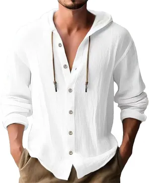 Cotton Linen Shirts for Men Summer Button Down Long Sleeve Shirts Casual Loose Vacation Beach Shirts with Hood