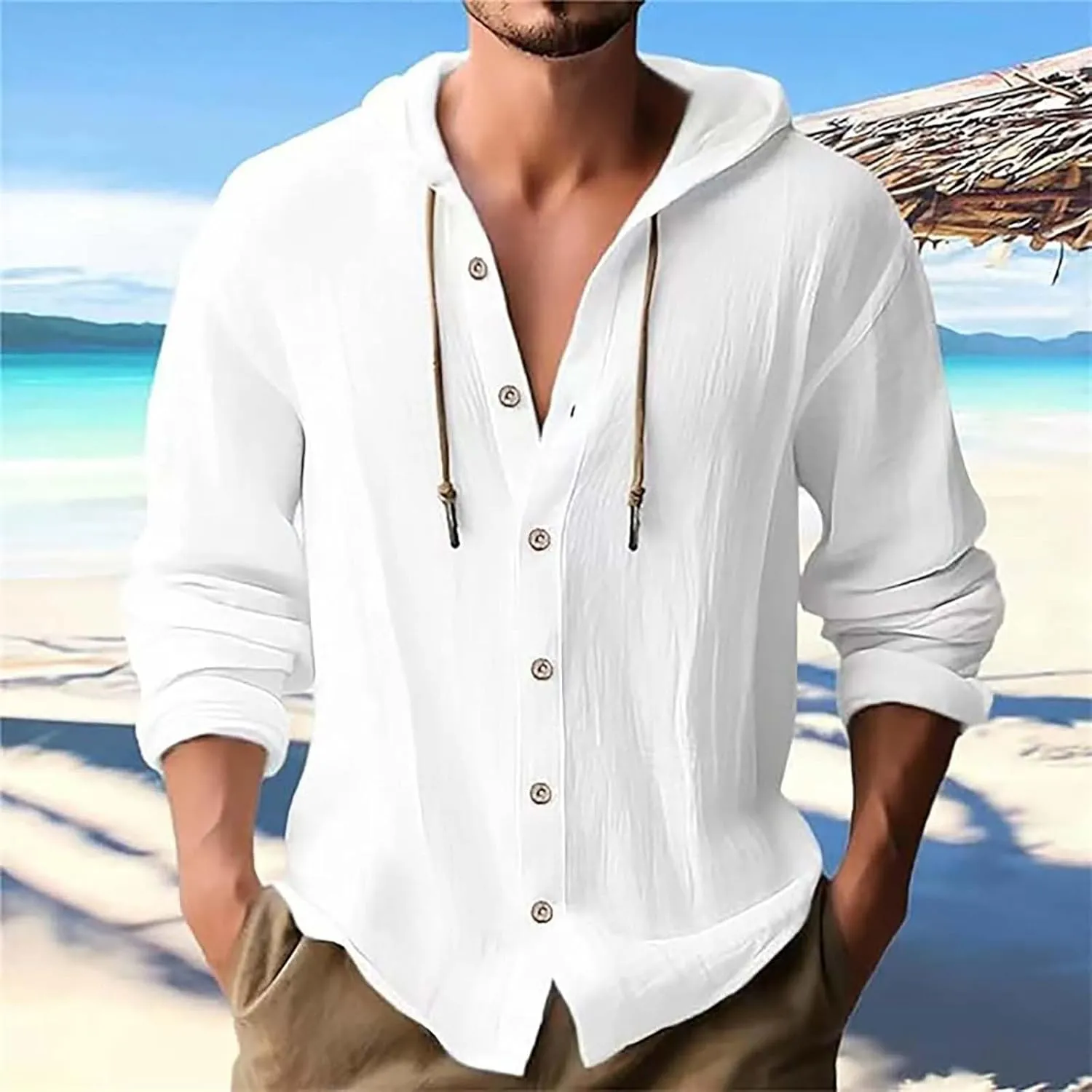 Cotton Linen Shirts for Men Summer Button Down Long Sleeve Shirts Casual Loose Vacation Beach Shirts with Hood