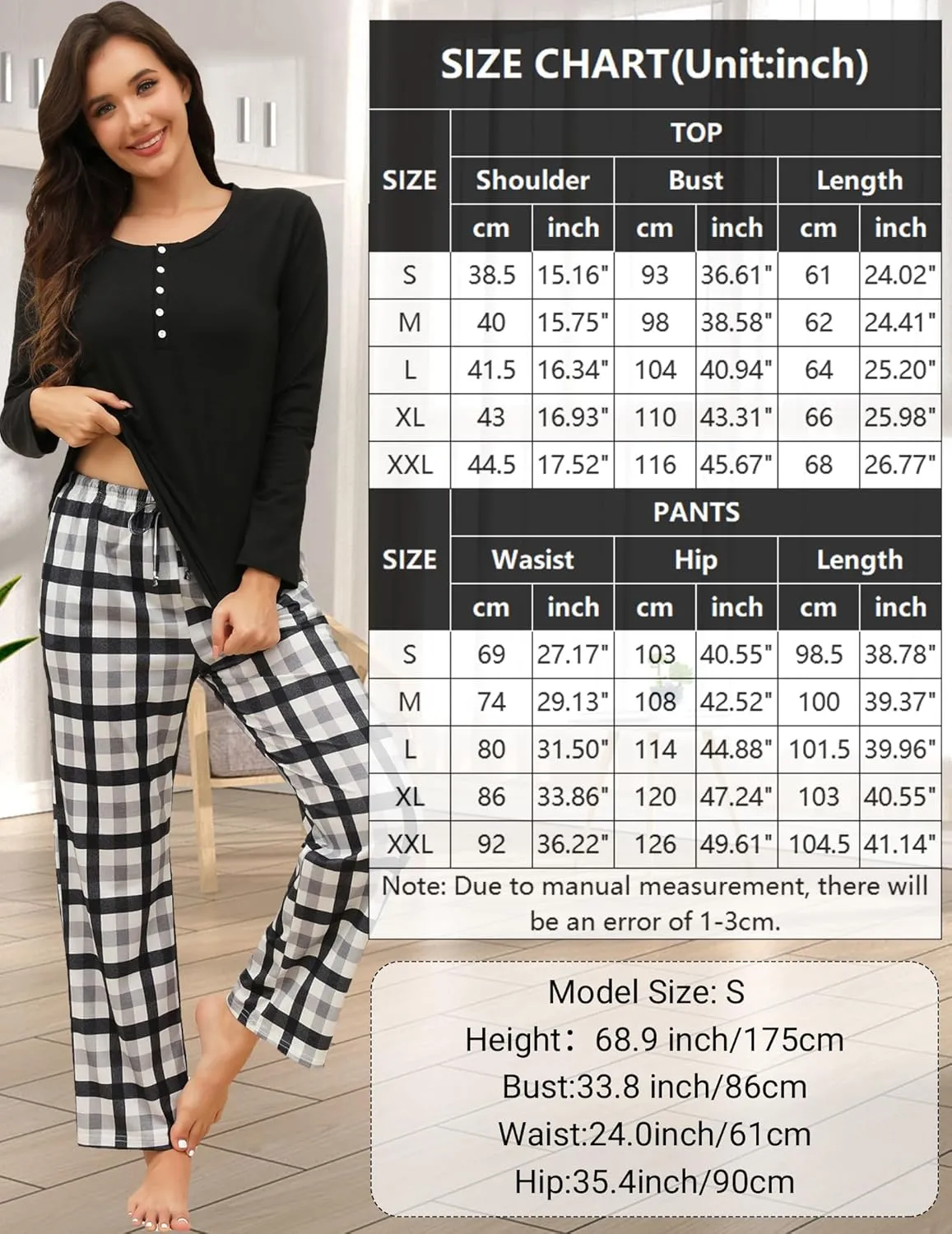 Cotton Pajamas for Women Set Soft Long Sleeve Women's Sleepwear Plaid Pants Pjs with Pockets 2 Piece Lounge Set