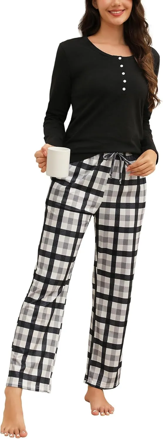 Cotton Pajamas for Women Set Soft Long Sleeve Women's Sleepwear Plaid Pants Pjs with Pockets 2 Piece Lounge Set