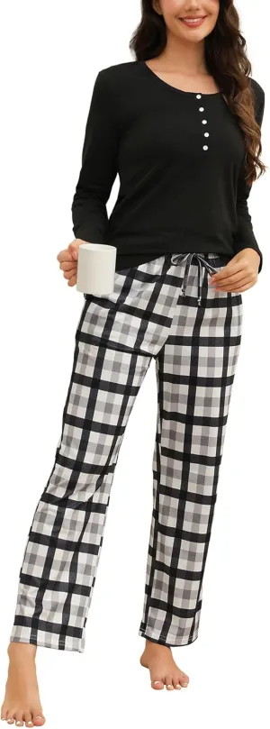 Cotton Pajamas for Women Set Soft Long Sleeve Women's Sleepwear Plaid Pants Pjs with Pockets 2 Piece Lounge Set