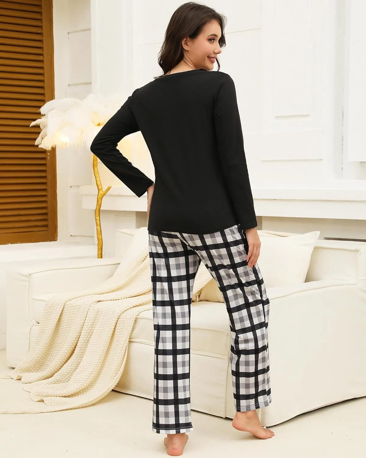 Cotton Pajamas for Women Set Soft Long Sleeve Women's Sleepwear Plaid Pants Pjs with Pockets 2 Piece Lounge Set