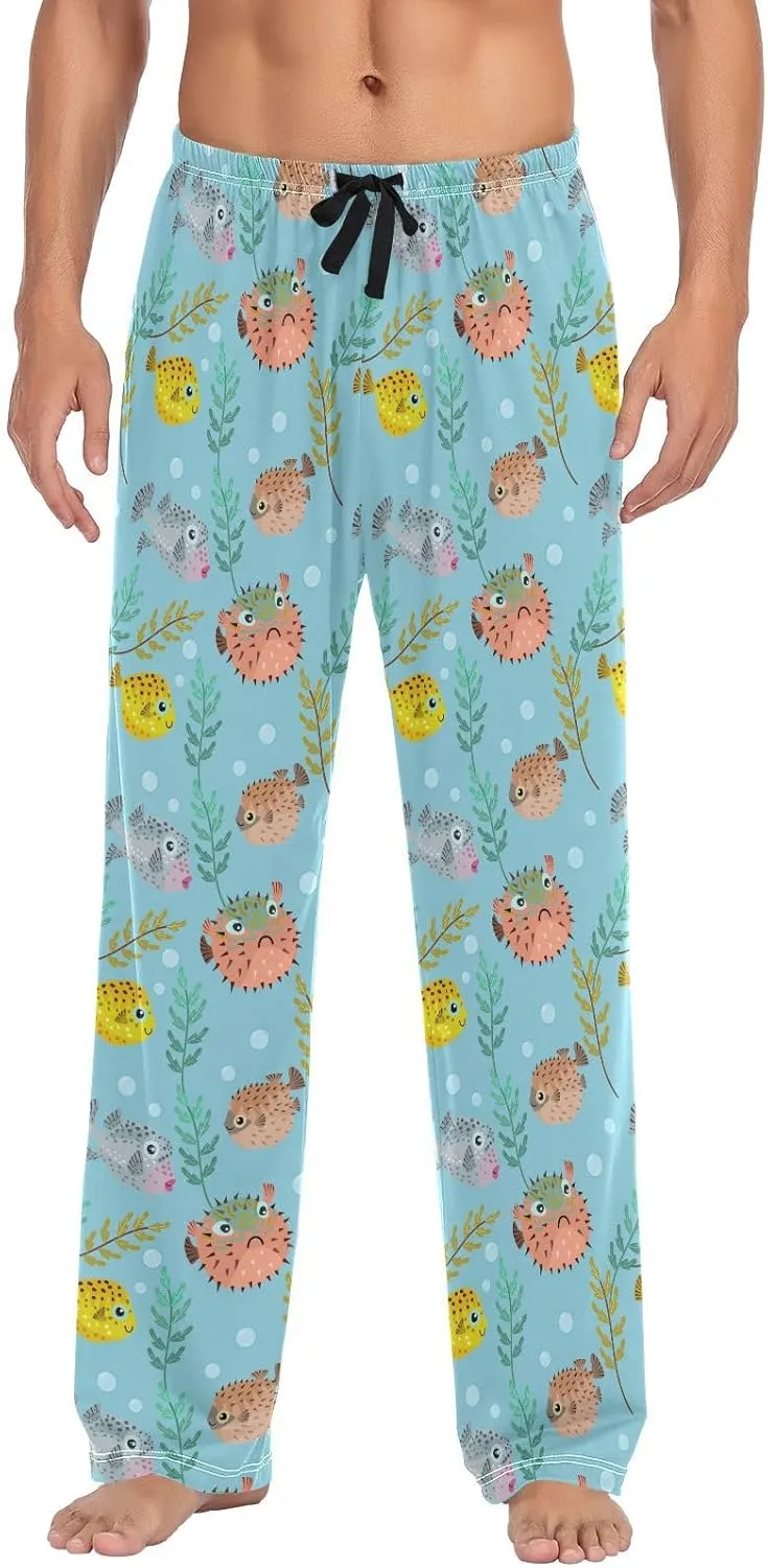 Cute Puffer Fish Leaf Branch Men's Pajama Pants Sleepwear Lounge Pajama Bottoms