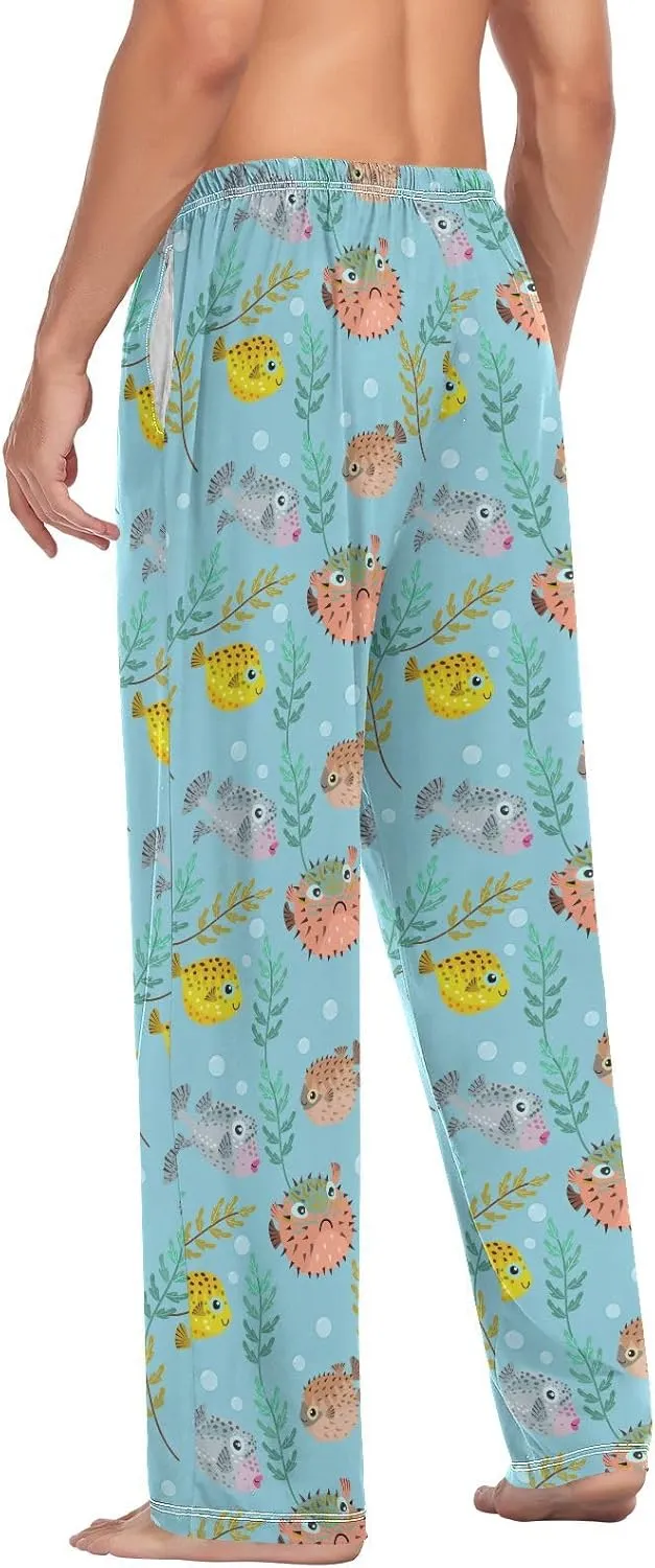 Cute Puffer Fish Leaf Branch Men's Pajama Pants Sleepwear Lounge Pajama Bottoms