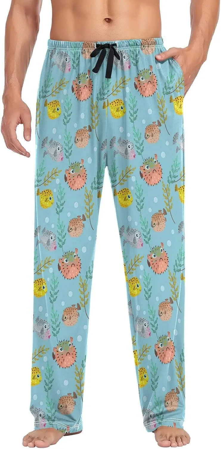 Cute Puffer Fish Leaf Branch Men's Pajama Pants Sleepwear Lounge Pajama Bottoms