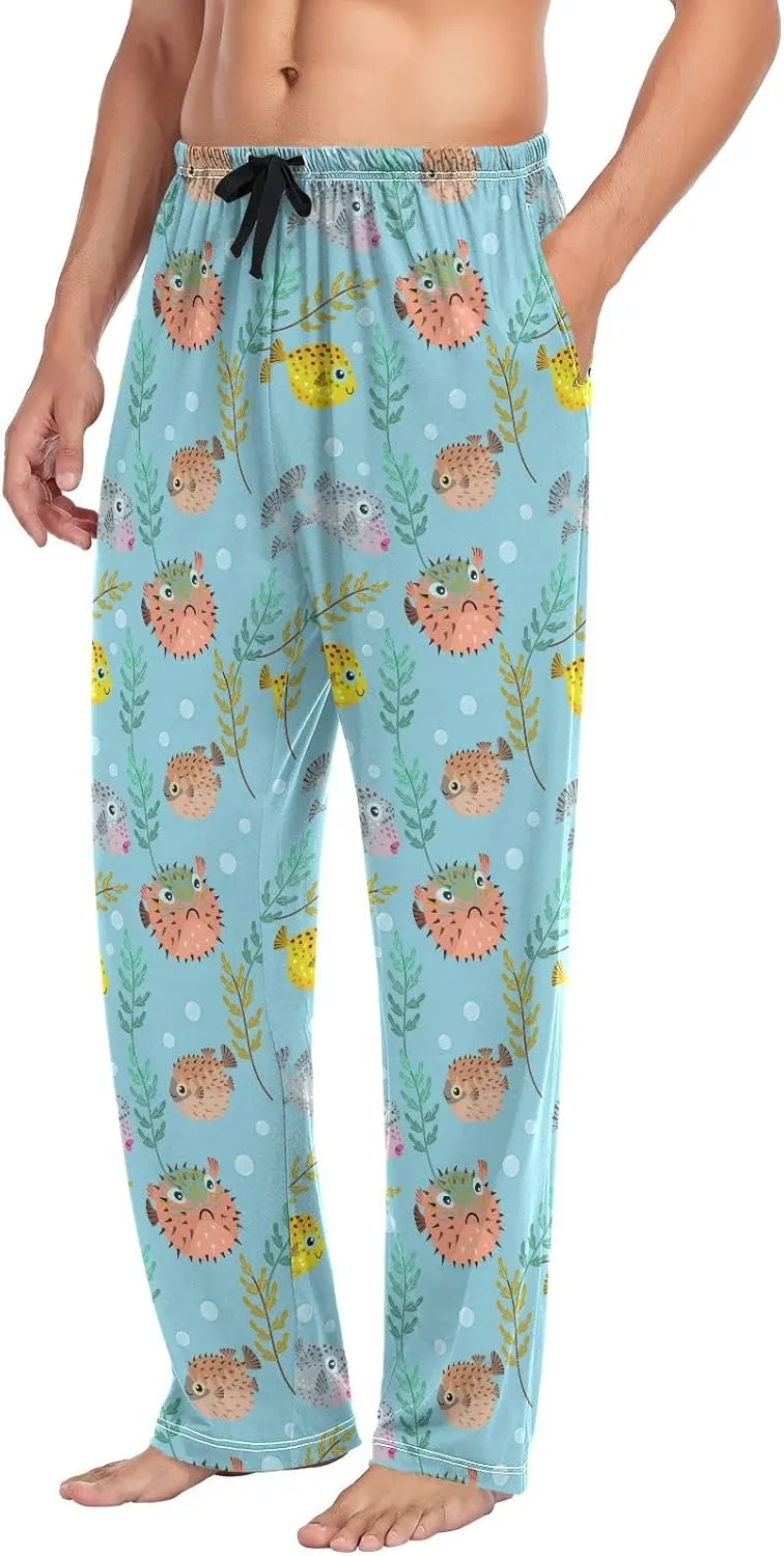 Cute Puffer Fish Leaf Branch Men's Pajama Pants Sleepwear Lounge Pajama Bottoms